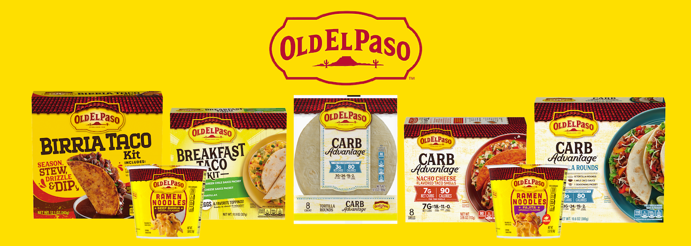 Seven varieties of Latest and Greatest Old El Paso taco shells are displayed against a yellow background with the Old El Paso logo above.